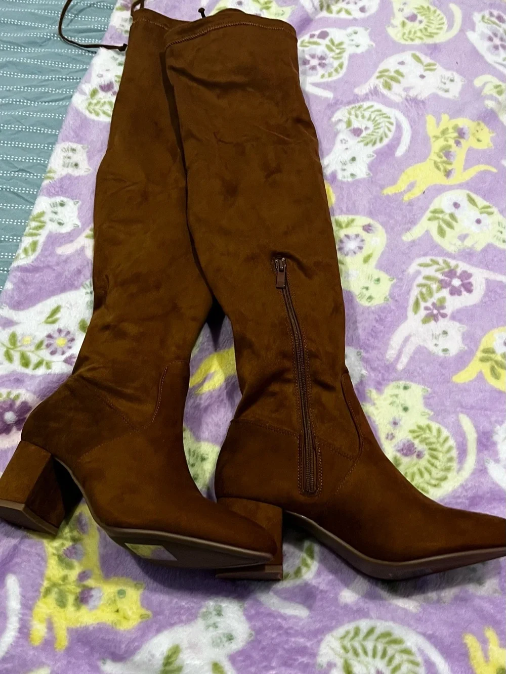 Women's Faux Brown Suede Knee-High Block Heel Boots. 24 inches tall